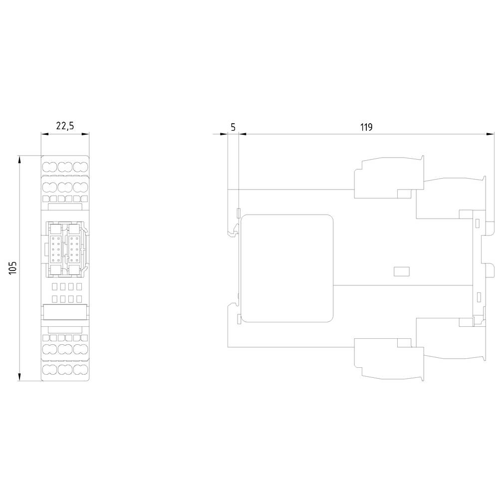 Rysunek techniczny pojazdu z widokiem z góry i z boku. Podane są wymiary: 105, 22,5, 5 i 119. Widoczne są opony i podwozie.