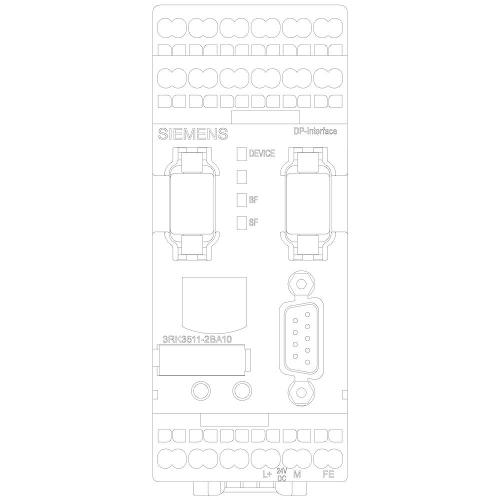 Rysunek urządzenia Siemensa z interfejsem DP i wskaźnikami LED dla 'DEVICE', 'BF', 'SF'. Numer modelu: 3RK3 511-2BA10.