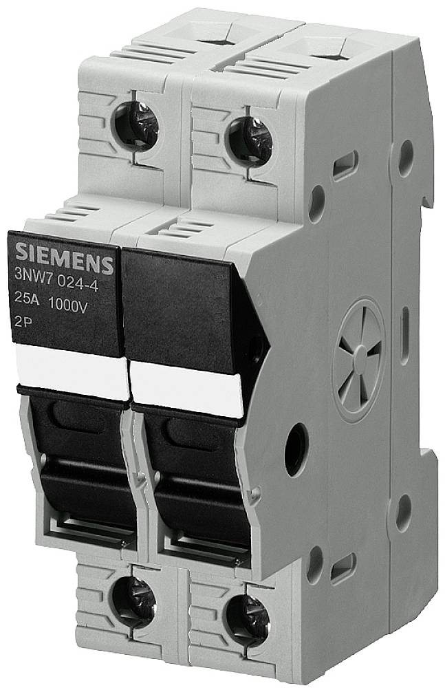 Dwubiegunowy wyłącznik mocy SIEMENS, 25A, 1000V, w szarowej obudowie. Stosowany do rozłączania lub zabezpieczania obwodów elektrycznych.
