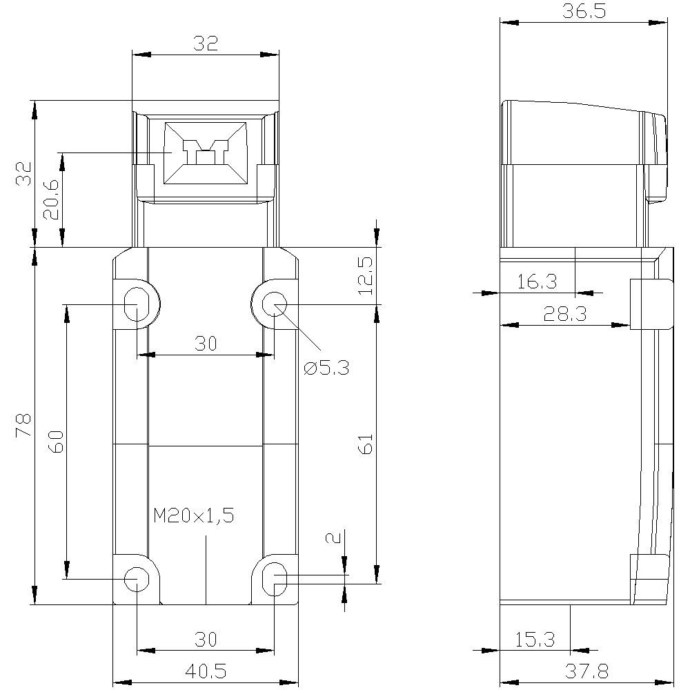 Rysunek techniczny prostokątnego elementu z wymiarami w milimetrach. Widok z przodu i widok z boku z detalami dotyczącymi średnic otworów i rozmiaru gwintu.