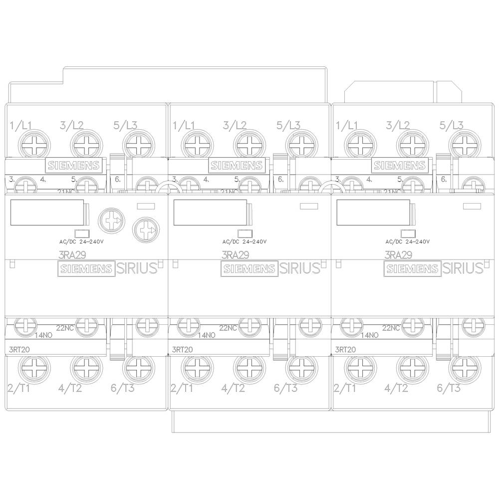 Techniczny diagram przedstawia kilka urządzeń łączeniowych Siemensa ułożonych obok siebie, z etykietami i szczegółami podłączenia.