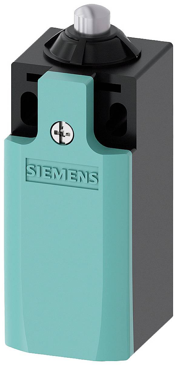Prostokątny, turkusowy przełącznik Siemensa z czarną obudową i srebrnym przyciskiem na górze, stosowany w zastosowaniach przemysłowych.