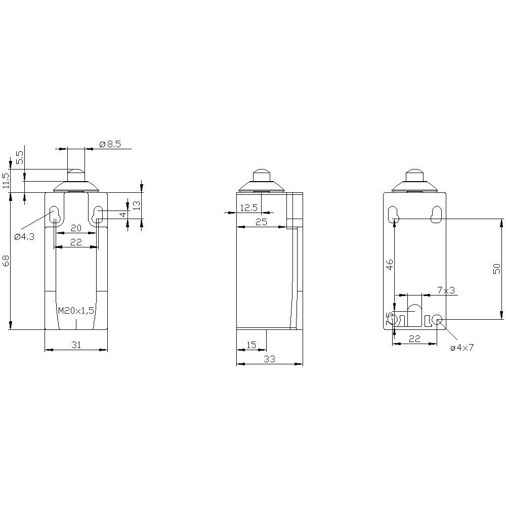 Rysunek techniczny prostokątnego przełącznika z oznaczeniami wymiarów. Przedstawia różne widoki: widok z przodu, widok z boku, widok z góry.