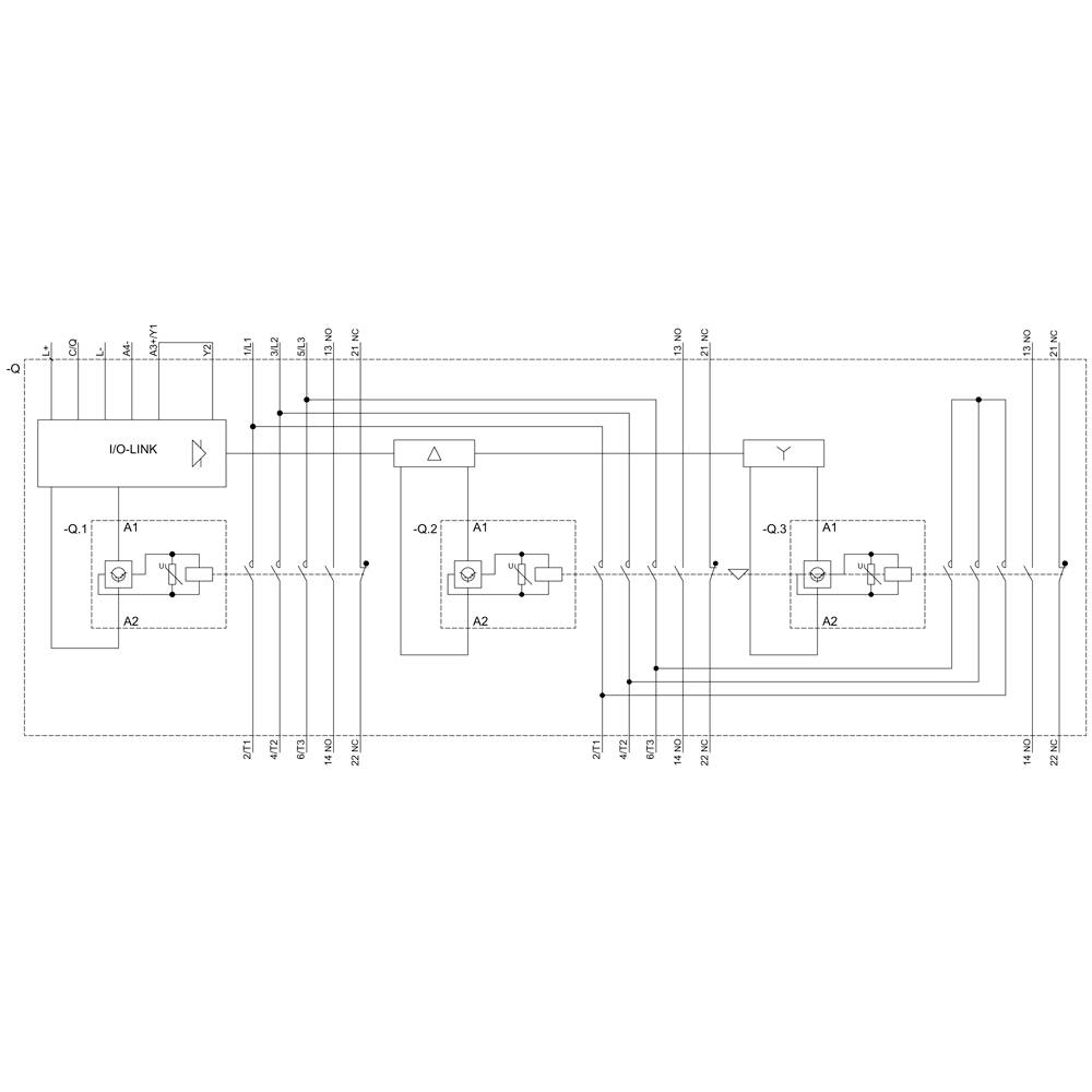 'Schemat elektrycznego systemu sterowania z IO-Link, w tym przełączniki, przekaźniki i przewody, przedstawiający połączenia i przepływ sygnałów.'