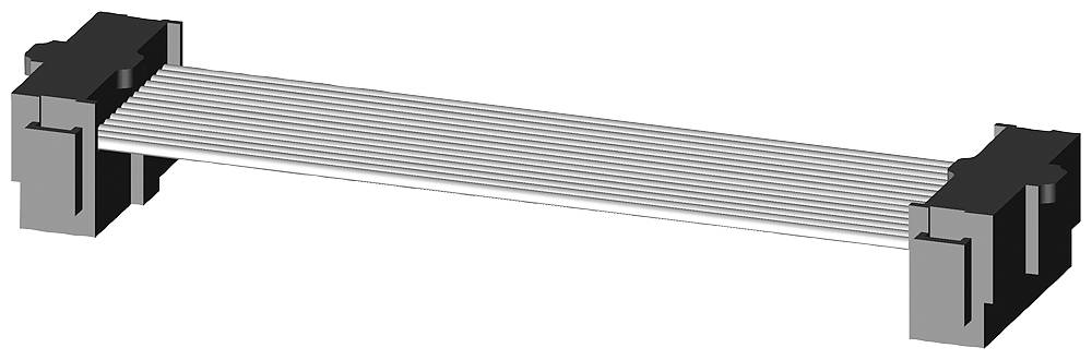 Szary płaski wtyk taśmowy z czarnymi elementami łączącymi na obu końcach, często stosowany do podłączania urządzeń elektronicznych.