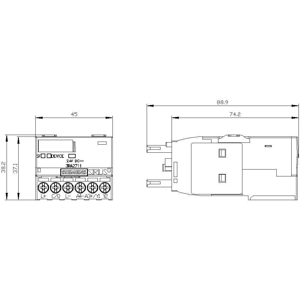 Rysunek techniczny przekaźnika elektrycznego o wymiarach: szerokość 45 mm, całkowita długość 88,9 mm, głębokość 74,2 mm.