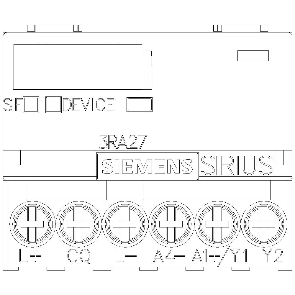 Urządzenie łączeniowe z przyłączami dla L+, CQ, L-, A4-, A1-/Y1, Y2. Oznaczenie: 'SIEMENS SIRIUS' oraz '3RA27'. Wskaźnik dla 'SF' i 'DEVICE'.