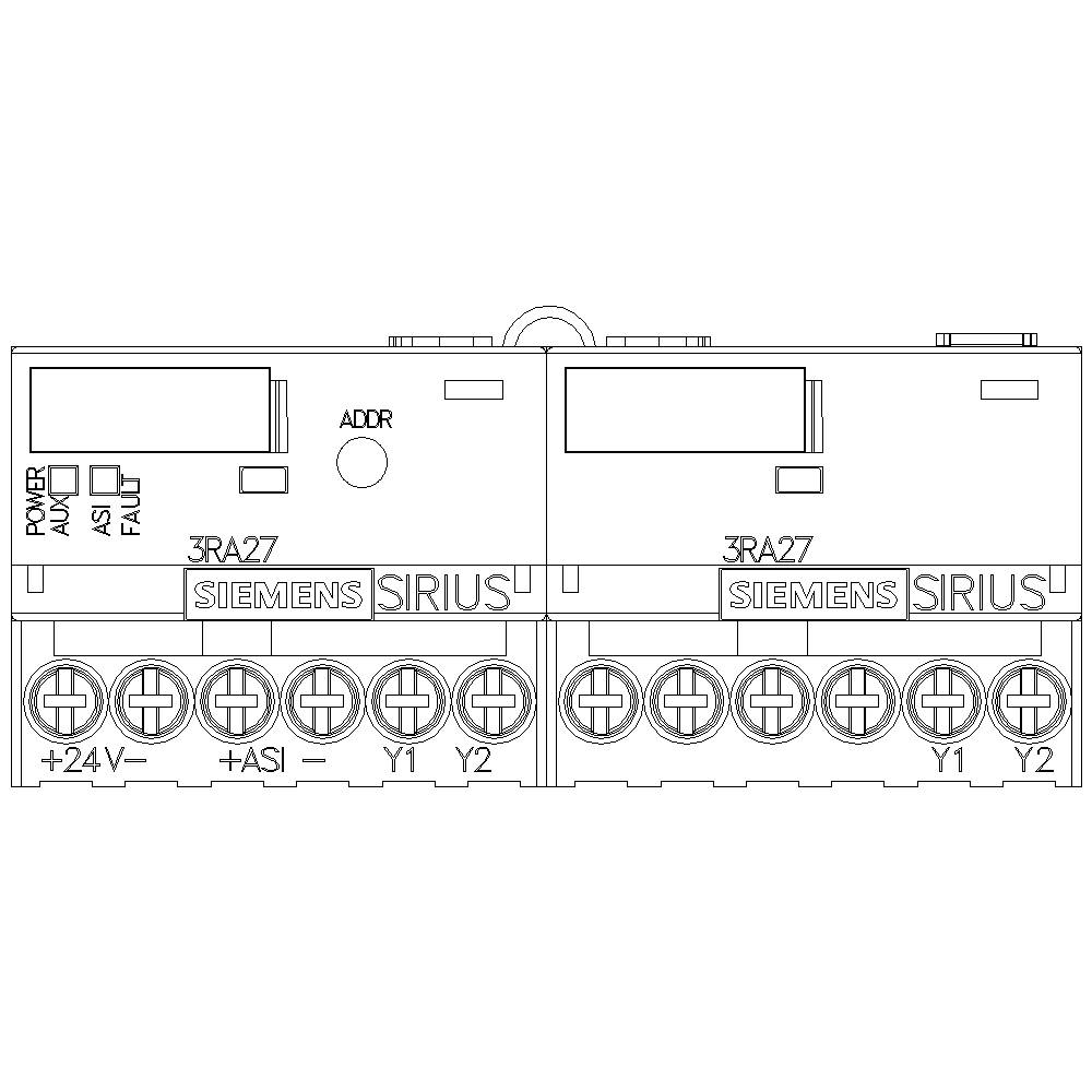 Dwa elektroniczne moduły umieszczone obok siebie, oznaczone jako '3RA27'. Złącza na dole są opisane jako '+24V', '+ASI', 'Y1', 'Y2'. Na górze: 'ADDR', 'POWER', 'ASI', 'FAULT'.