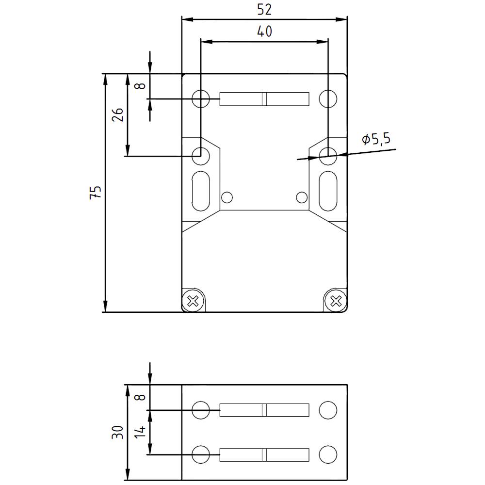 Rysunek techniczny prostokątnego elementu metalowego z wymiarami (75x52 mm) i otworami na śruby (średnica 5,5 mm).