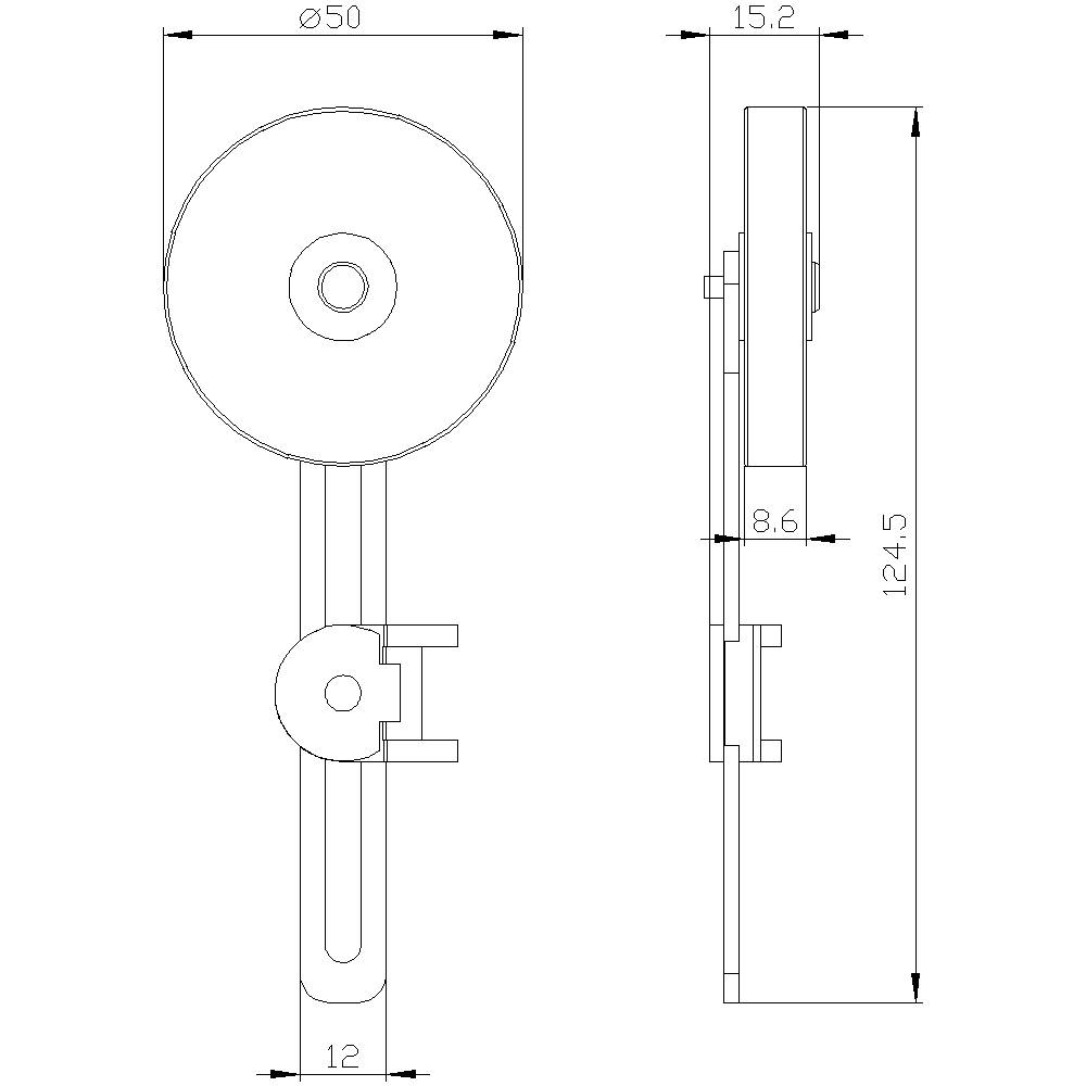Rysunek techniczny elementu okrągłego z wymiarami: średnica 50, wysokość 15,2, szerokość 8,6 i całkowita wysokość 124,5 milimetrów.