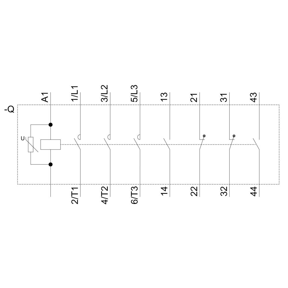 Schemat elektryczny przekaźnika z różnymi złączami, oznaczonymi jako A1, 1/L1, 2/T1, 3/L2, 4/T2, 5/L3, 6/T3.