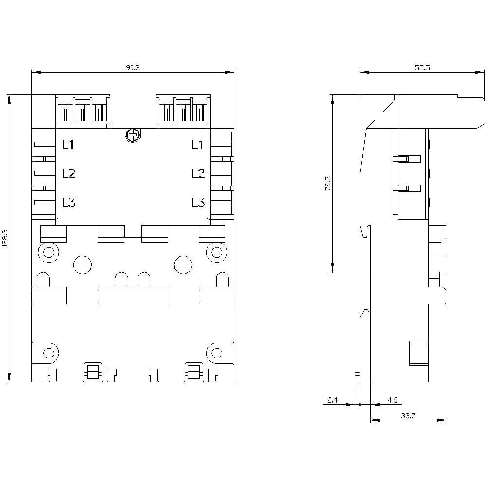 Rysunek techniczny elektromagnesu (łącznika), z widokiem z przodu i z boku, z podanymi wymiarami. Zaznaczone złącza L1, L2, L3. Wymiary w mm.
