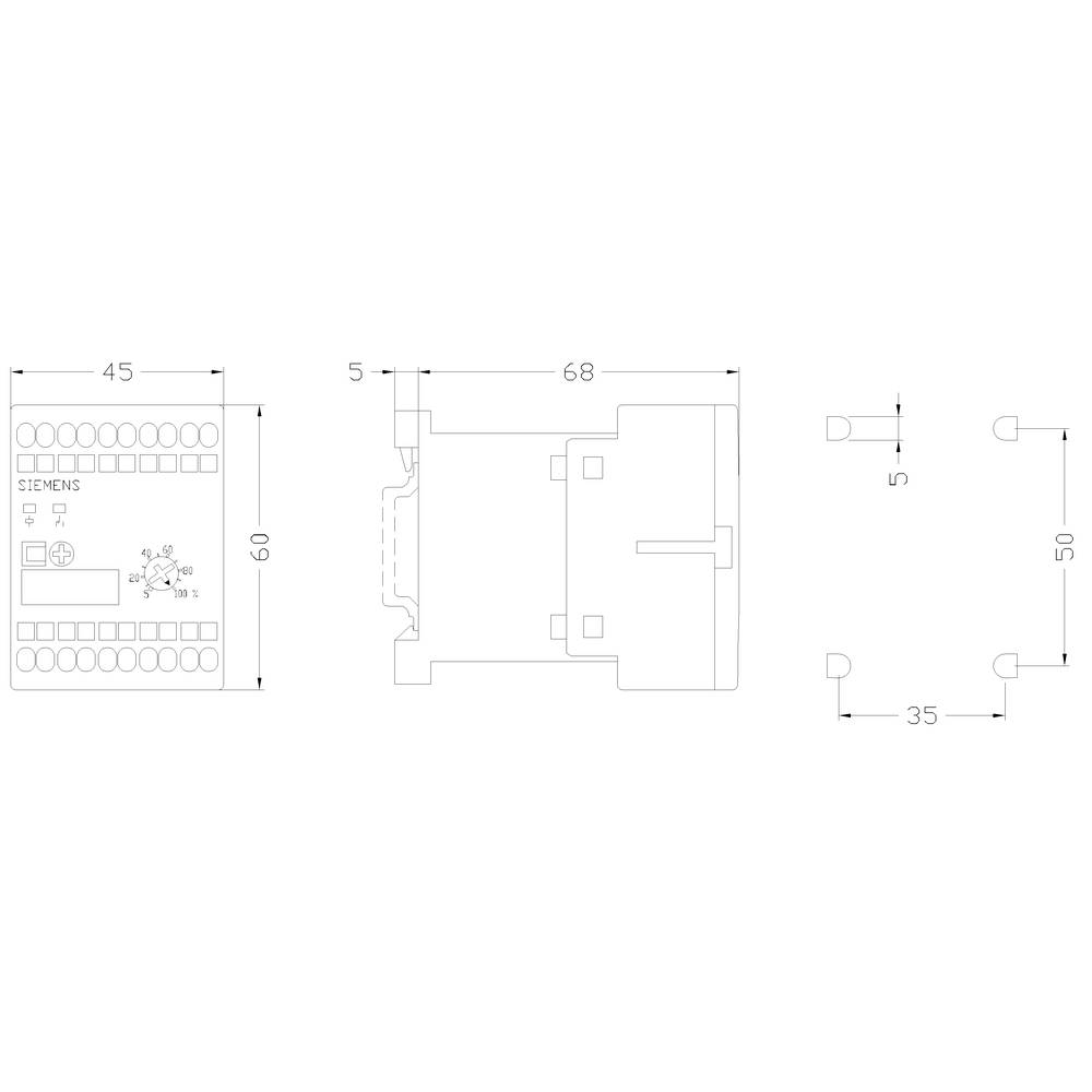 Rysunek wymiarowy urządzenia elektronicznego, widok z przodu, z boku i z góry. Wymiary: 60x68x45 mm, pozycja i rozmiar punktów mocujących.