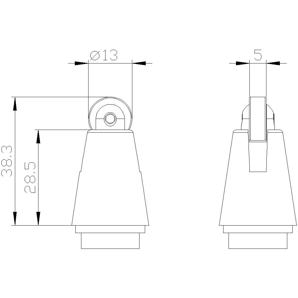 Rysunek techniczny stożkowatego obiektu z wymiarami: wysokość 38,3 mm, średnica górna 13 mm, dolny odcinek 5 mm.