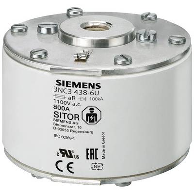 Cylindryczny wkład bezpiecznikowy firmy Siemens z nadrukami '3NC3 438-6U', 'SITOR', '800A', odpowiedni dla 1100V prądu przemiennego, wyprodukowany w Grecji.