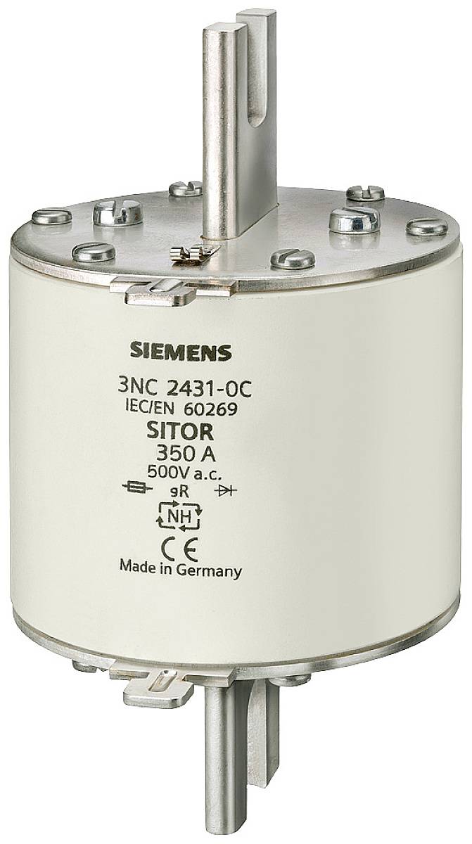 'Wkładka bezpiecznikowa Siemens NH, typ 3NC 2431-0C, 350 A, 500 V AC. Odpowiednia do zastosowań przemysłowych, zgodna z normą IEC 60269.'