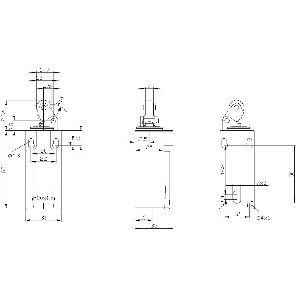 Rysunek techniczny cylindra z widokami z przodu, z boku i z góry. Zawiera wymiary oraz oznaczenia gwintów, takie jak 'M20x1,5'.