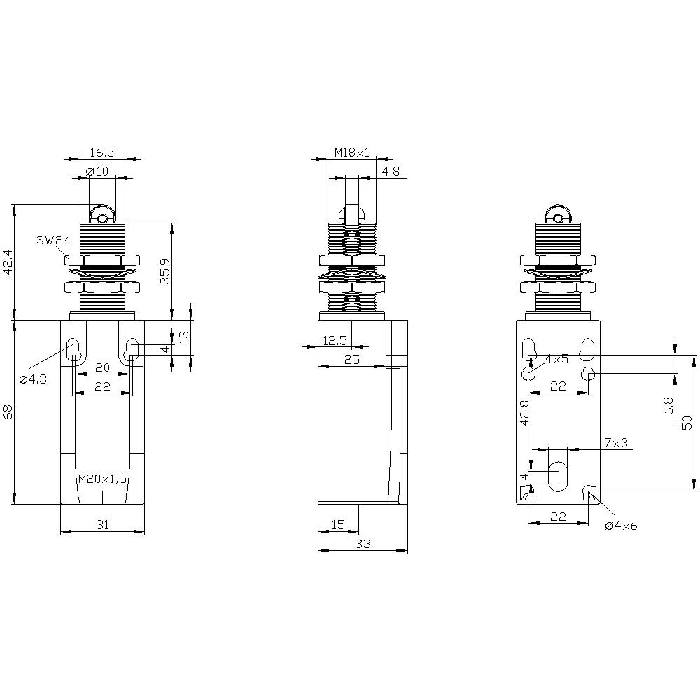 Rysunek techniczny przełącznika mechanicznego ze szczegółowymi wymiarami w milimetrach; widoki boczne i czołowe.