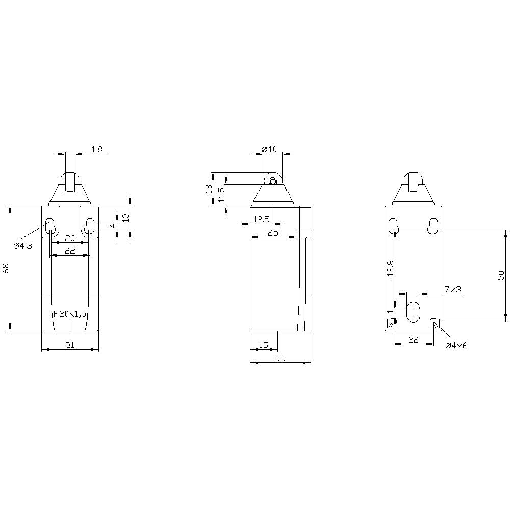 Rysunek techniczny cylindrycznej części, przedstawiający widok z przodu, z boku i z góry. Wymiary i szczegóły, takie jak gwint i otwory, są dokładnie określone.