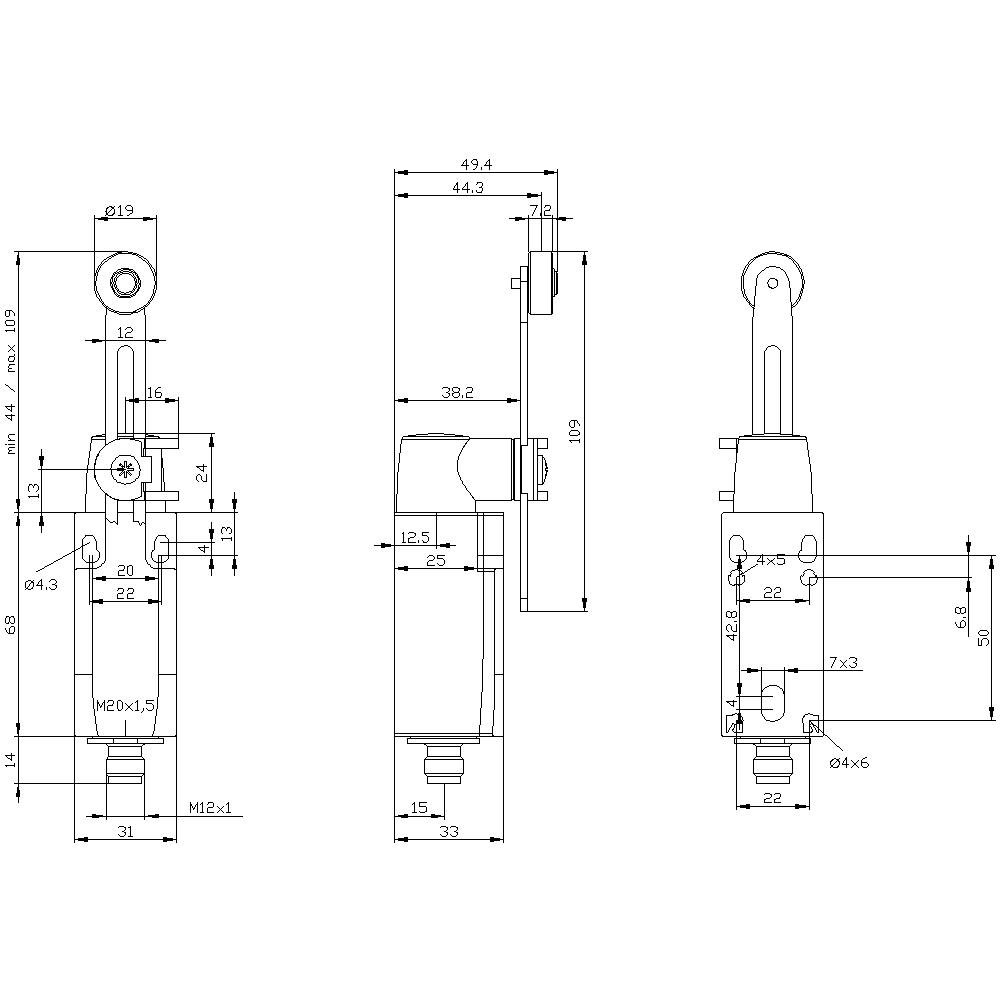 Rysunek techniczny cylindra hydraulicznego ze szczegółowymi wymiarami, włączając długość, szerokość oraz pozycje otworów.