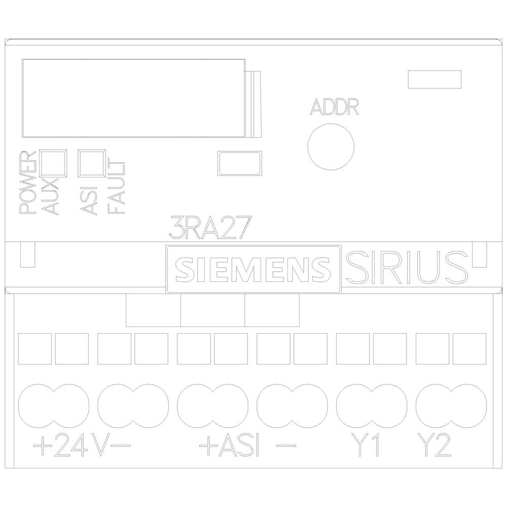 Urządzenie Siemens Sirius z różnymi złączami i przyciskami, w tym 'POWER', 'ASI', '3RA27'.