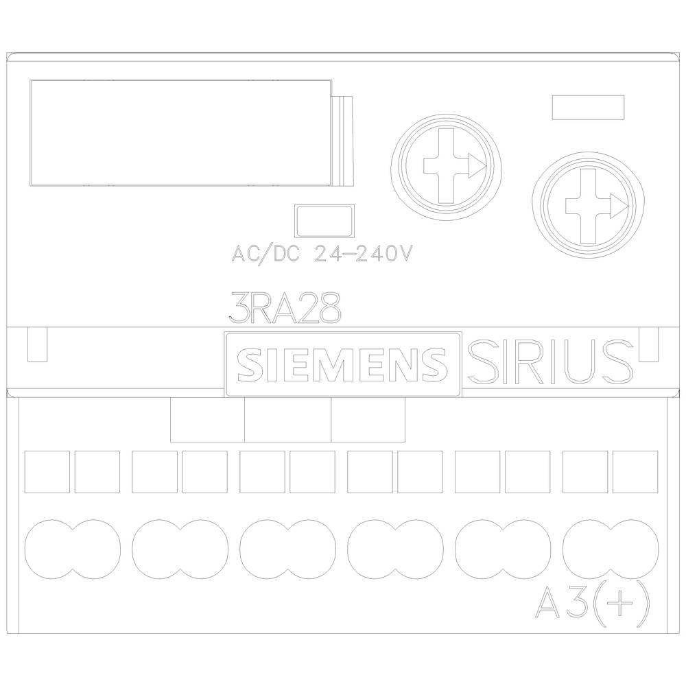 Moduł przekaźnika kombinowanego, Siemens Sirius, typ 3RA28, napięcie AC/DC 24-240V. Przedstawia schematy połączeń i podłączenia.