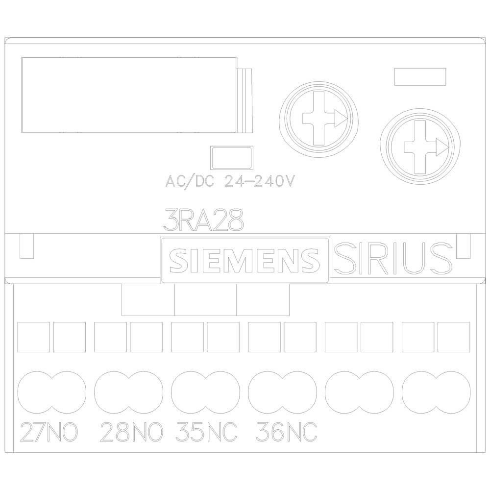 Przekaźnik łączeniowy z napisem '3RA28' i 'Siemens Sirius', odpowiedni dla prądu AC/DC 24-240V, prezentujący zaciski przyłączeniowe i przełącznik.
