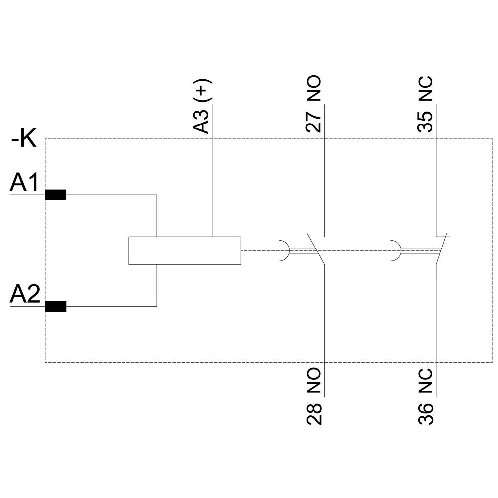 'Elektryczny schemat połączeń: Przekaźnik ze stykami A1, A2, A3 (+), 27 NO, 28 NO, 35 NC, 36 NC.'