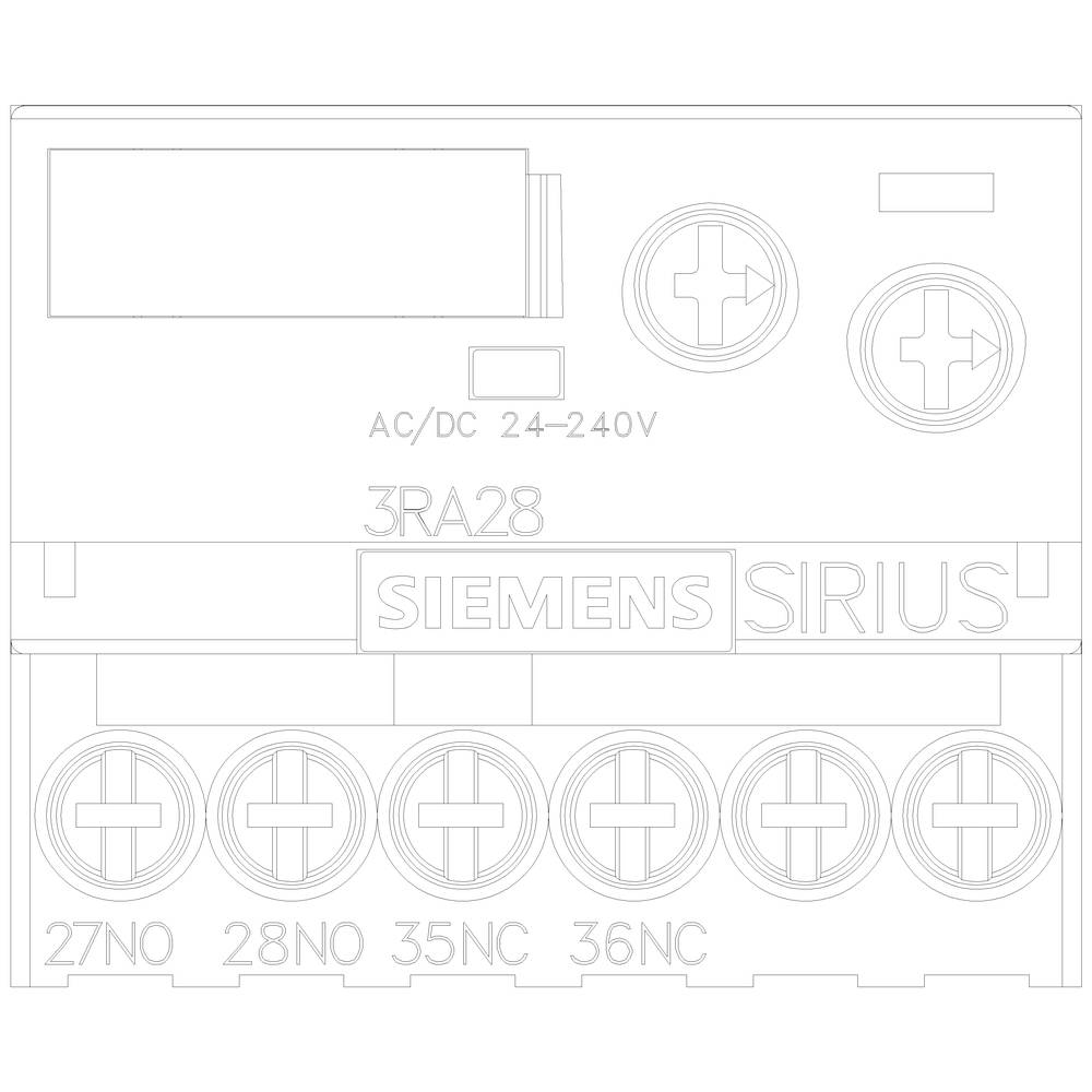 Urządzenie łączeniowe z nadrukiem 'Siemens SIRIUS', przystosowane do zasilania AC/DC 24-240V, z wieloma zaciskami u dołu i numerem modelu 3RA28.
