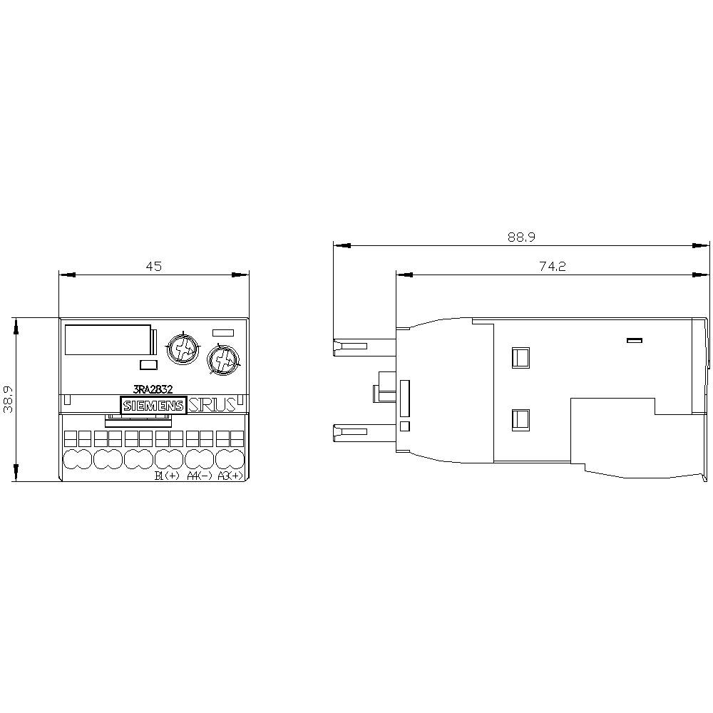 Rysunek techniczny urządzenia elektronicznego z wymiarami: 45 mm szerokości, 88,9 mm i 74,2 mm długości, 303 mm wysokości.