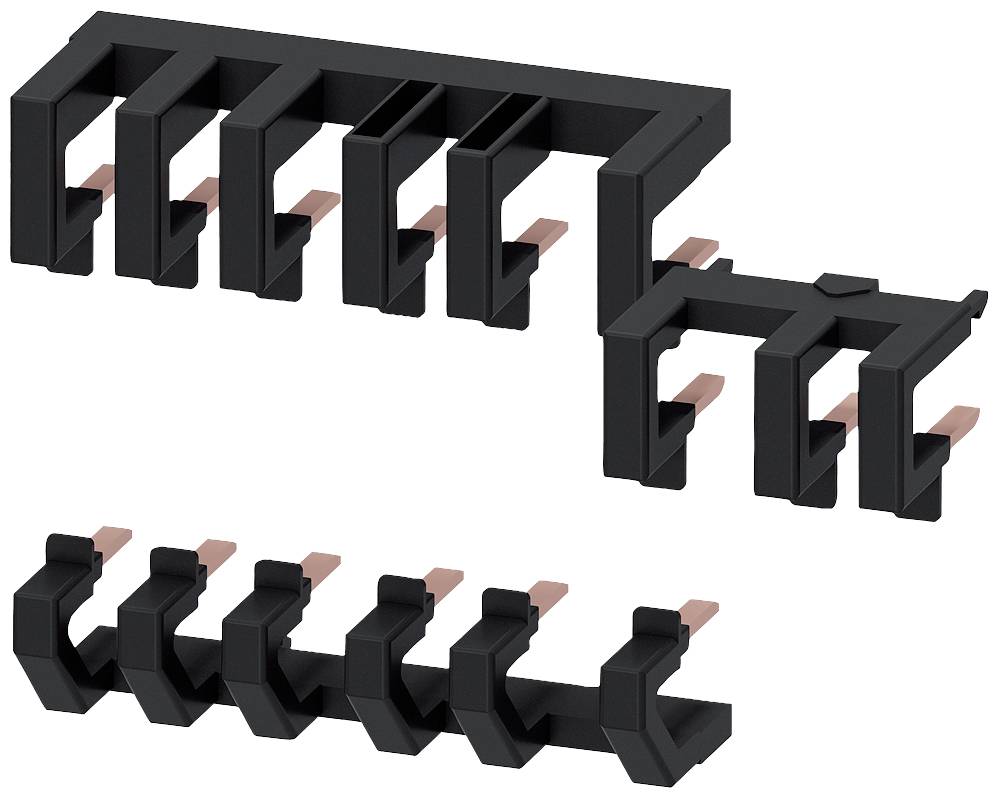 Dziewięć czarnych, prostokątnych elementów z tworzywa sztucznego z miedzianymi stykami, ułożonych w kształcie litery L.