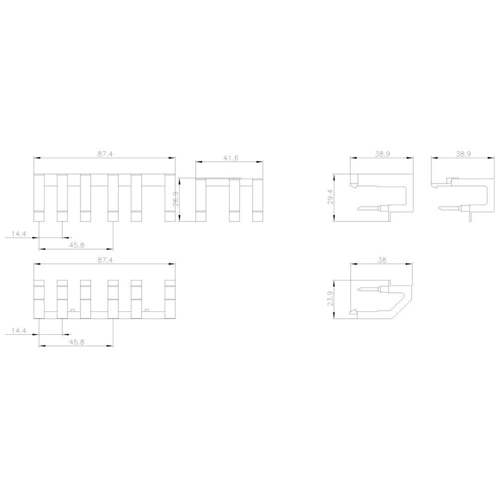 Rysunek techniczny elementu z wieloma wymiarami w milimetrach. Przedstawia różne widoki z oznaczeniami długości.