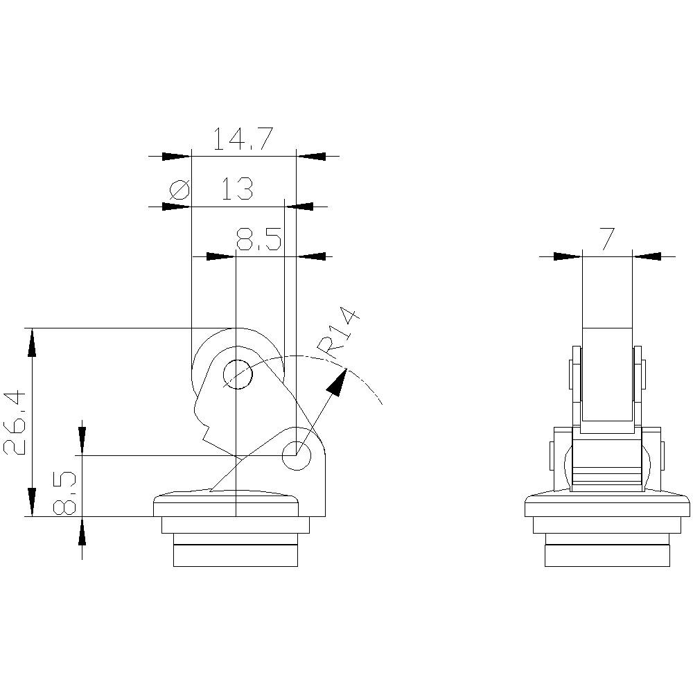 Rysunek techniczny części mechanicznej z wymiarowaniem, obejmujący wysokość, szerokość oraz kąty.