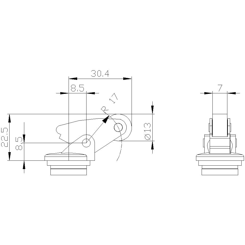 Rysunek techniczny komponentu metalowego z oznaczeniami wymiarów. Przedstawia dwa widoki z wymiarami w milimetrach, w tym kąty i promienie.