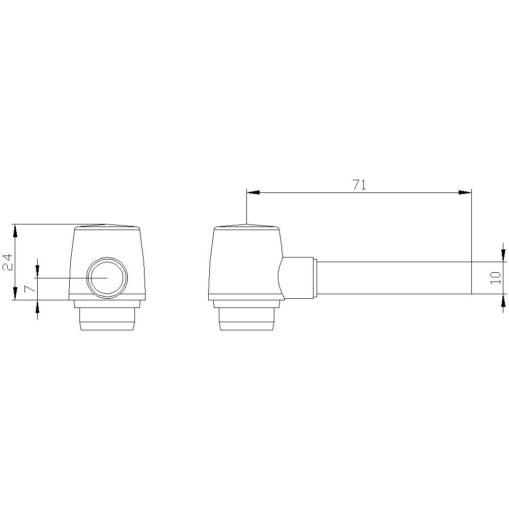 Rysunek techniczny złączki z widokiem z boku i z przodu. Długość 71 mm, szerokość 24 mm, wysokość 10 mm.