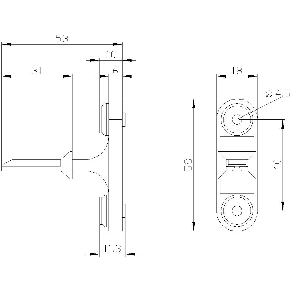 Rysunek techniczny klamki drzwiowej: widok z boku i z przodu z dokładnymi wymiarami w milimetrach.