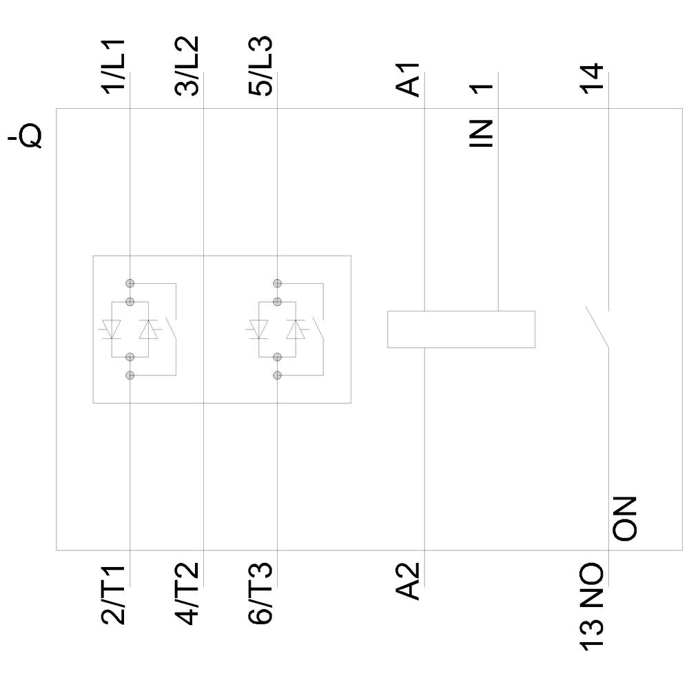 Schemat pokazuje wyłącznik mocy z zaciskami: 1/L1, 3/L2, 5/L3 (wejście); 2/T1, 4/T2, 6/T3 (wyjście); A1, A2 (zaciski sterujące); IN 1, 13 NO, 14 ON.