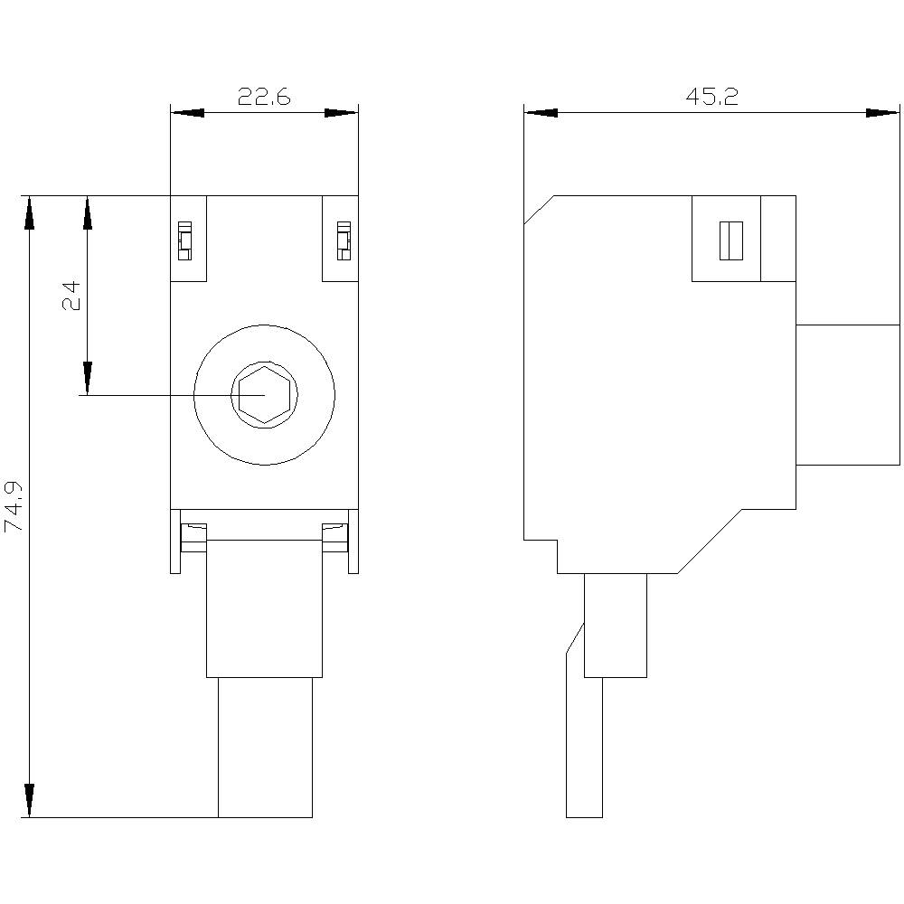 Rysunek techniczny elementu elektrycznego o wymiarach: wysokość 74,9 mm, szerokość 22,6 mm, głębokość 45,2 mm.