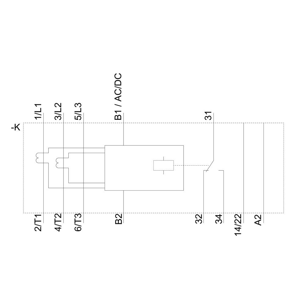 Schemat elektryczny przekaźnika z zaciskami: 1L1, 3L2, 5L3, 2T1, 4T2, 6T3, B1 AC/DC, B2, 31, 32, 34, 14/22, A2.