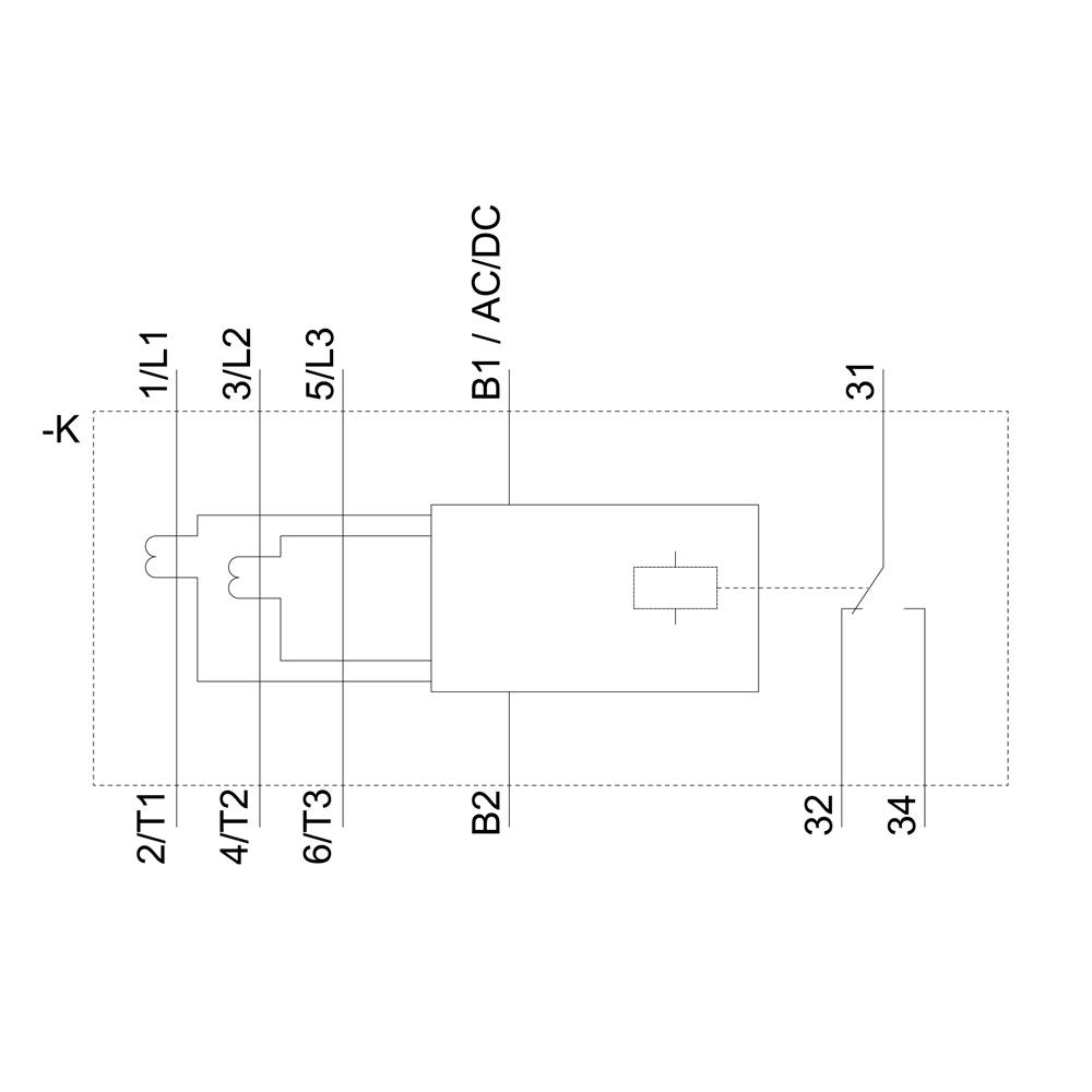 Schemat elektryczny z zaciskami: '1/L1', '3/L2', '5/L3' w górnym lewym rogu; '2/T1', '4/T2', '6/T3' w dolnym lewym rogu; 'B1 AC/DC' i 'B2' u góry.