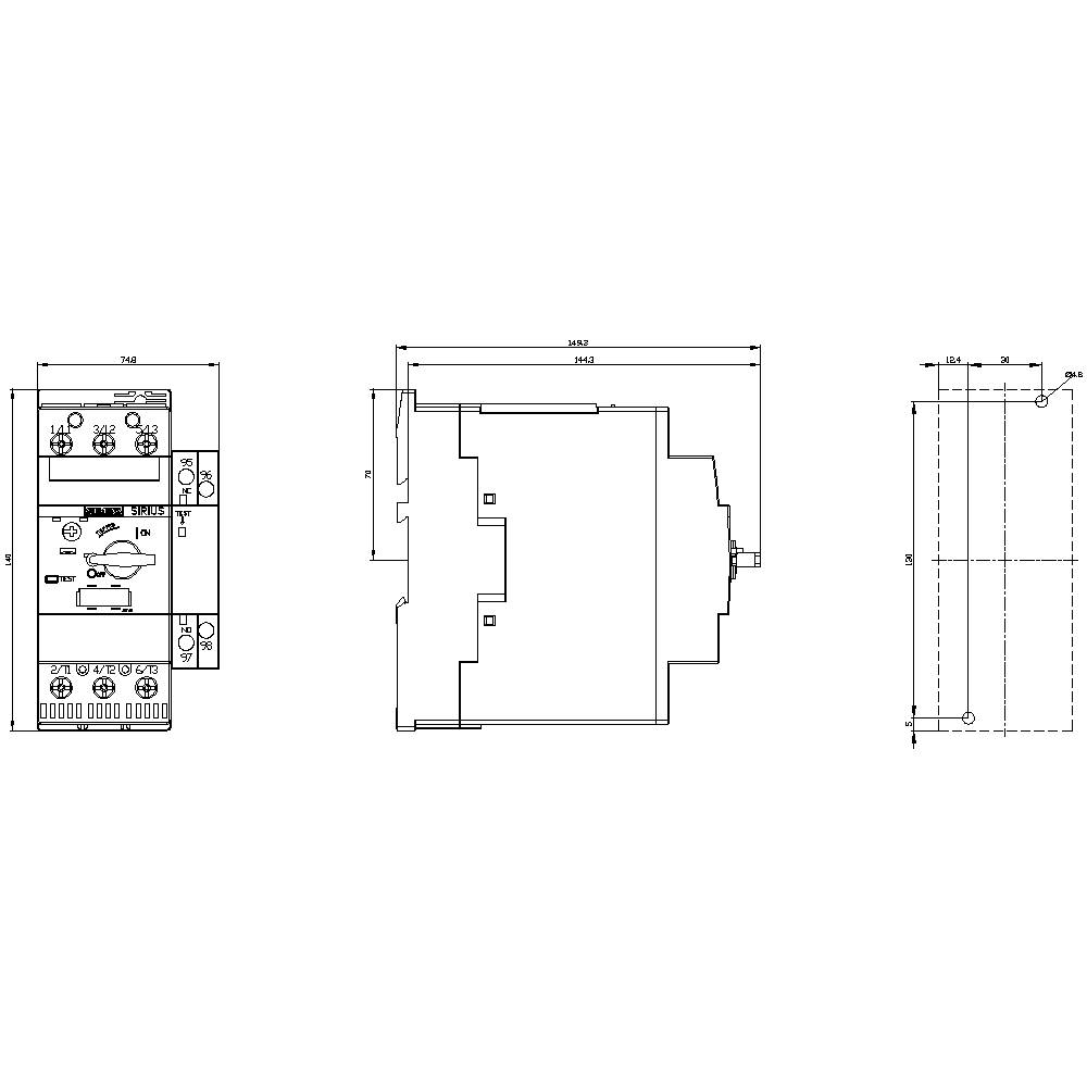 Rysunek techniczny elektrycznego urządzenia łączeniowego z widokami: czołowym, bocznym i z góry, wraz z wymiarami i szczegółami przyłączy.