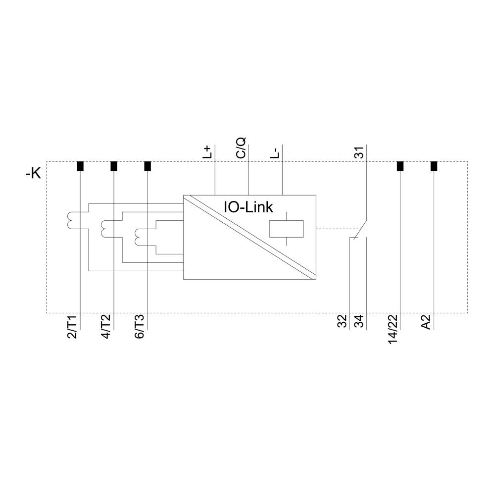 Schemat 'IO-Link' z punktami przyłączeniowymi 2T1, 4T2, 6T3. Oznaczenia '+', '-', 'CI/Q'. Linie połączeń do punktów 31, 32, 34, 14/22, A2.