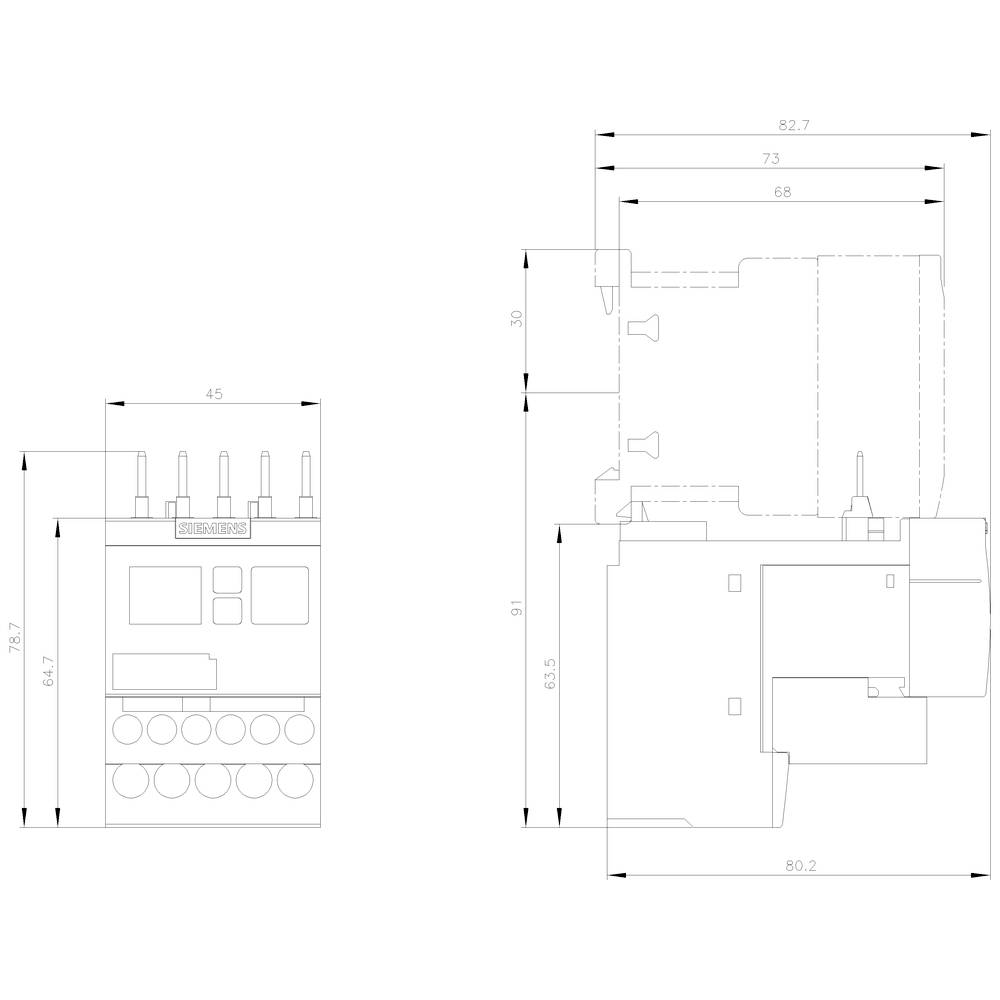 Rysunek techniczny elektrycznego przełącznika ze szczegółowymi wymiarami: szerokość 82,7 mm, głębokość 91 mm, wysokość 64,5 mm.