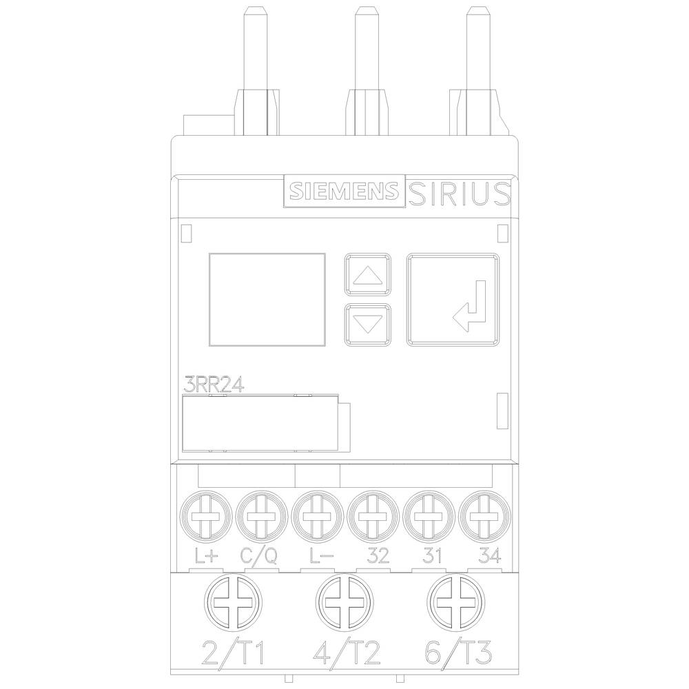 Starter silnikowy Siemens SIRIUS z wieloma złączami i przyciskami sterującymi. Oznaczony numerem modelu '3RR24'. Stosowany w elektrycznych szafach rozdzielczych.