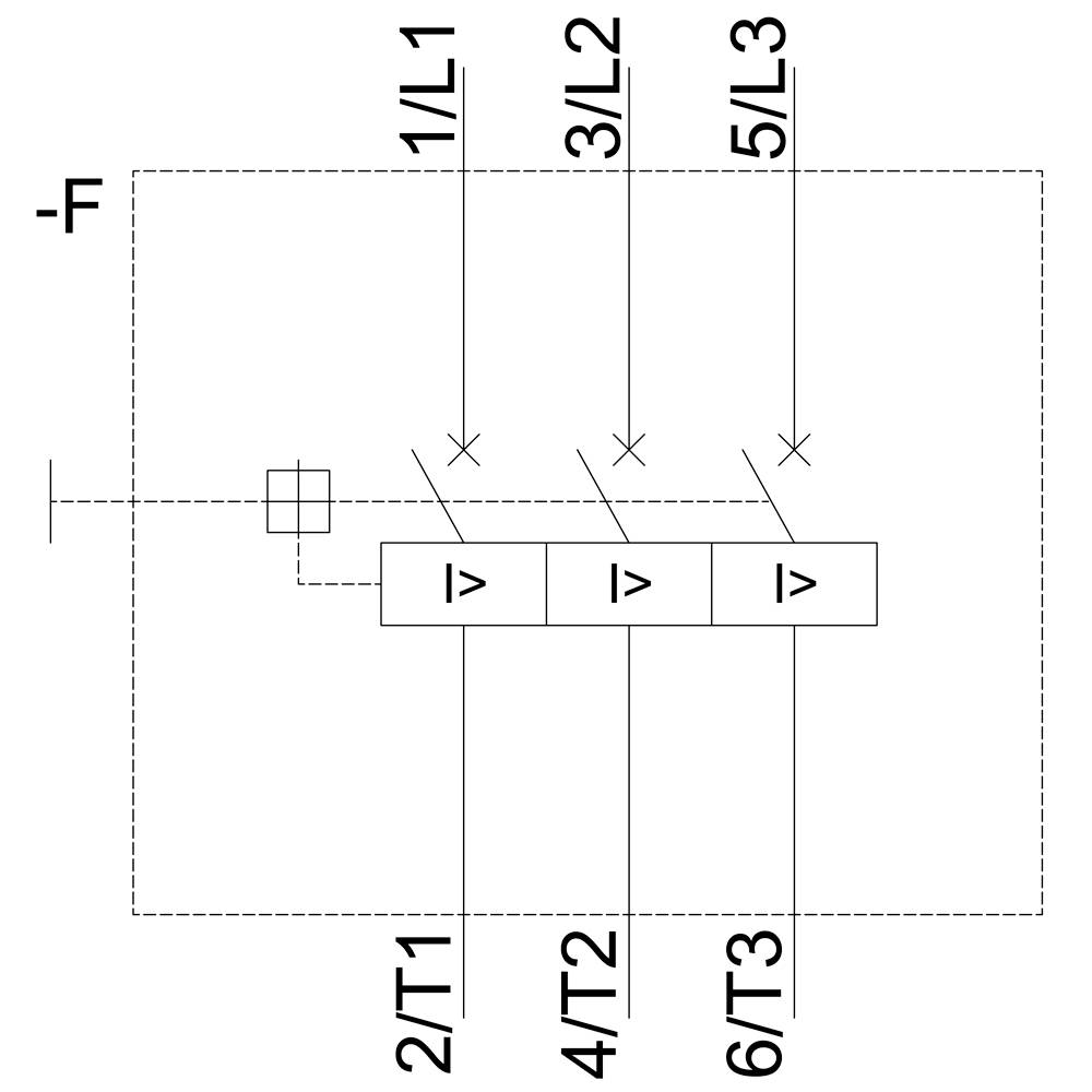 Rozmieszczenie zacisków: 1/L1, 3/L2, 5/L3; 2/T1, 4/T2, 6/T3. Schemat elektrycznego planu połączeń z połączeniami między zaciskami.