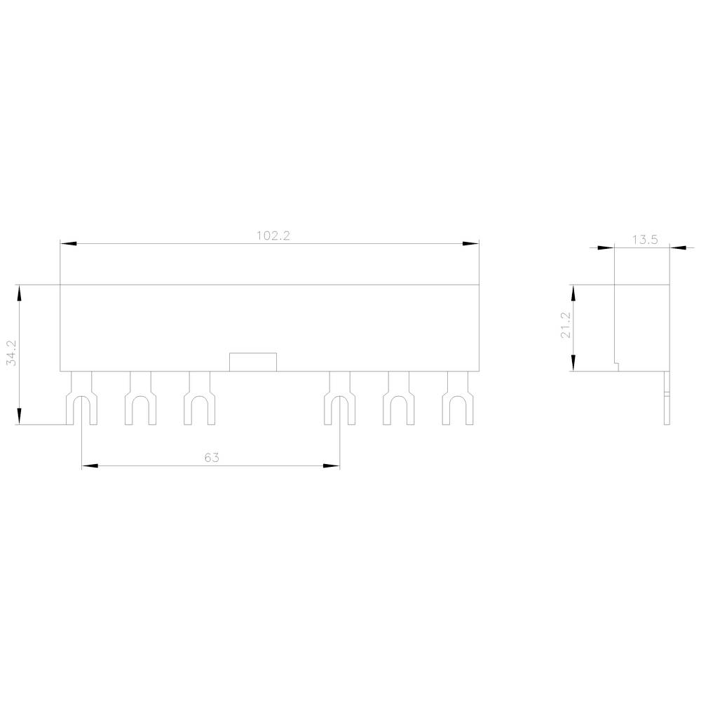 Rysunek techniczny elementu elektronicznego z wymiarami: długość 102,2 mm, wysokość 13,5 mm, szerokość 34,2 mm oraz rozstaw pinów 63 mm.