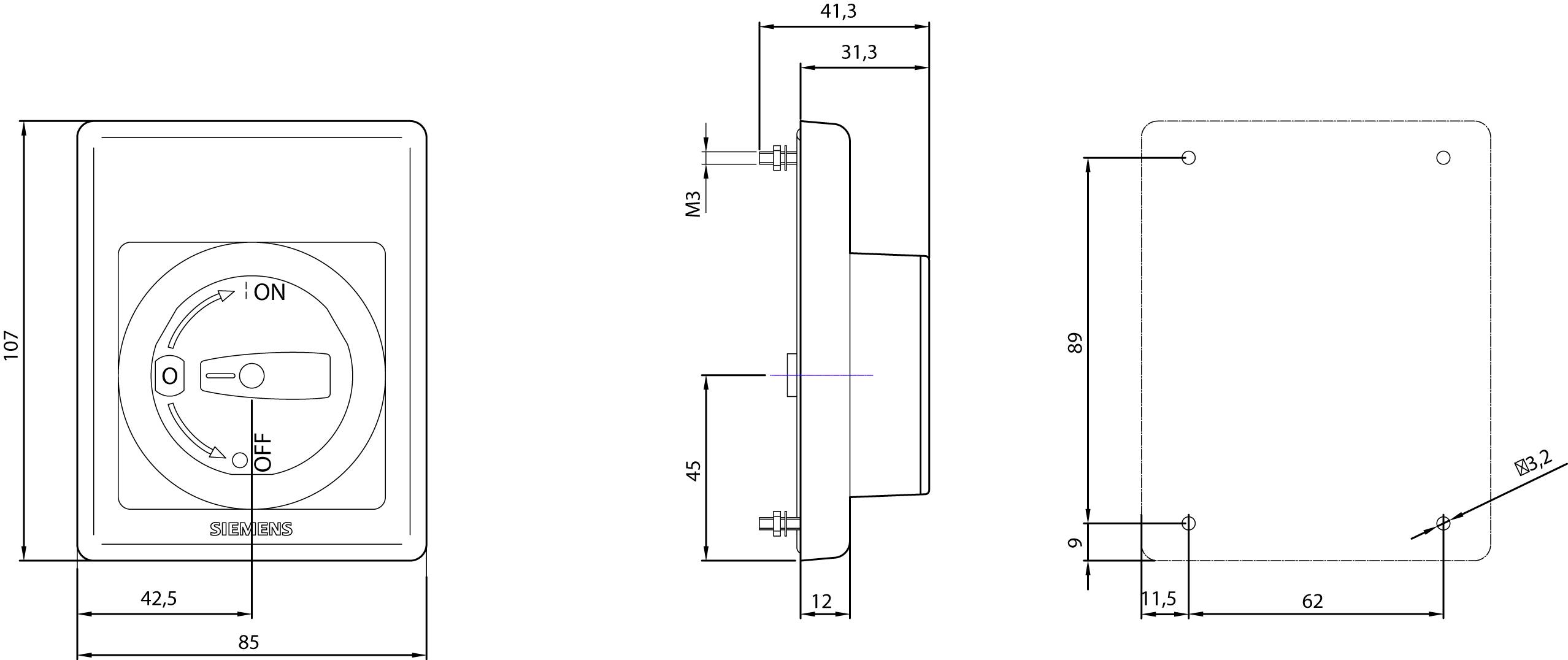 Schemat elektryczny przełącznika z wymiarami: szerokość 85 mm, wysokość 107 mm, głębokość 31,3 mm. Przedstawiono różne widoki i szczegóły techniczne.