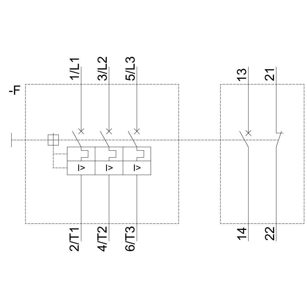 Schemat elektryczny z trzema przełącznikami połączonymi szeregowo, oznaczonymi jako 1/L1, 3/L2, 5/L3, oraz dwoma stykami równoległymi, oznaczonymi jako 13, 14, 21, 22.