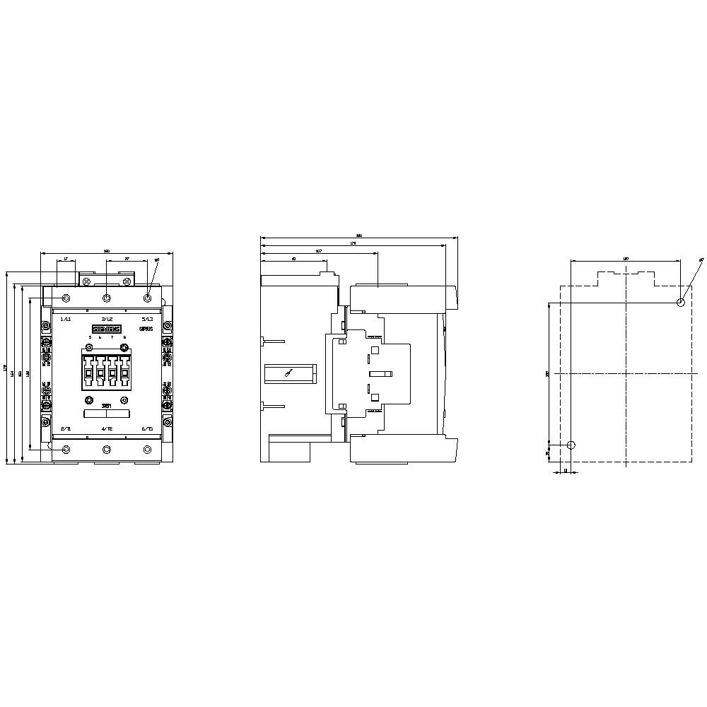 Rysunek techniczny przełącznika elektrycznego z widokiem z przodu, boku i z góry. Przedstawia wymiary oraz punkty przyłączeniowe.