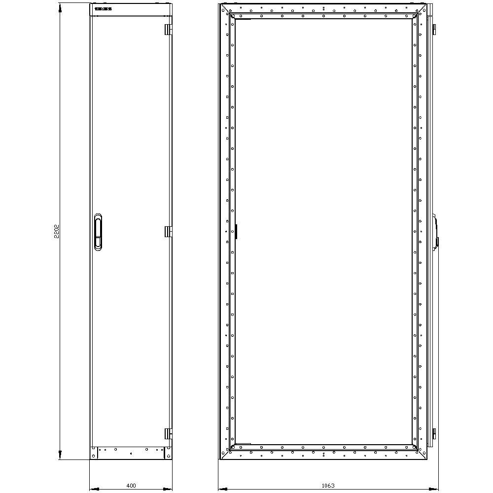 Rysunek techniczny prostokątnej szafy z drzwiami, uchwytami i zawiasami, o wymiarach 600 mm szerokości i 1803 mm wysokości.